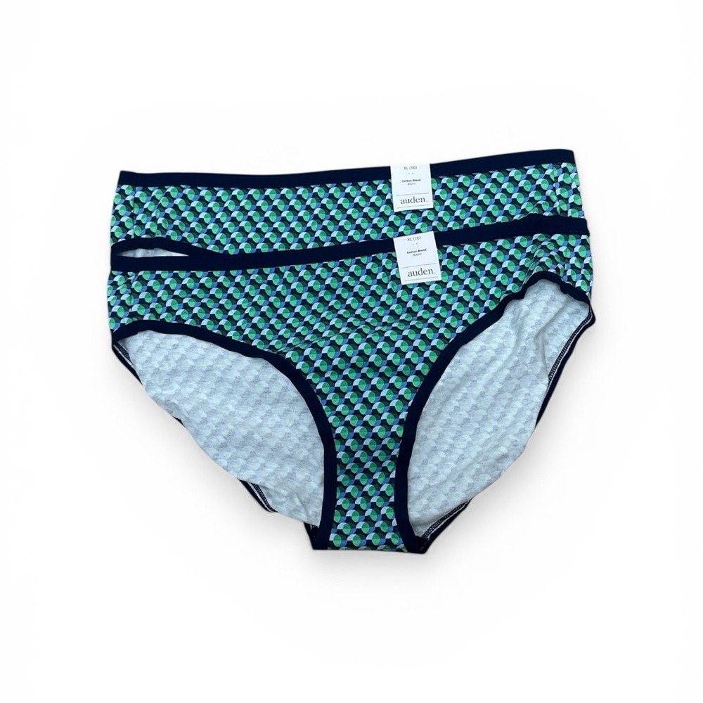 (2) Auden Navy-Trim Bikini Briefs with Blue & Green Geo Print